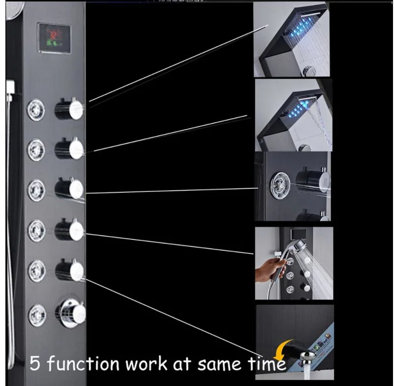 عمود الدش LED على الحائط، دش بالدفق القوي، شاشة درجة حرارة الدش، دش تدليك سبا Jet ثلاثة مقابض خلاط لطبابير صنبور
