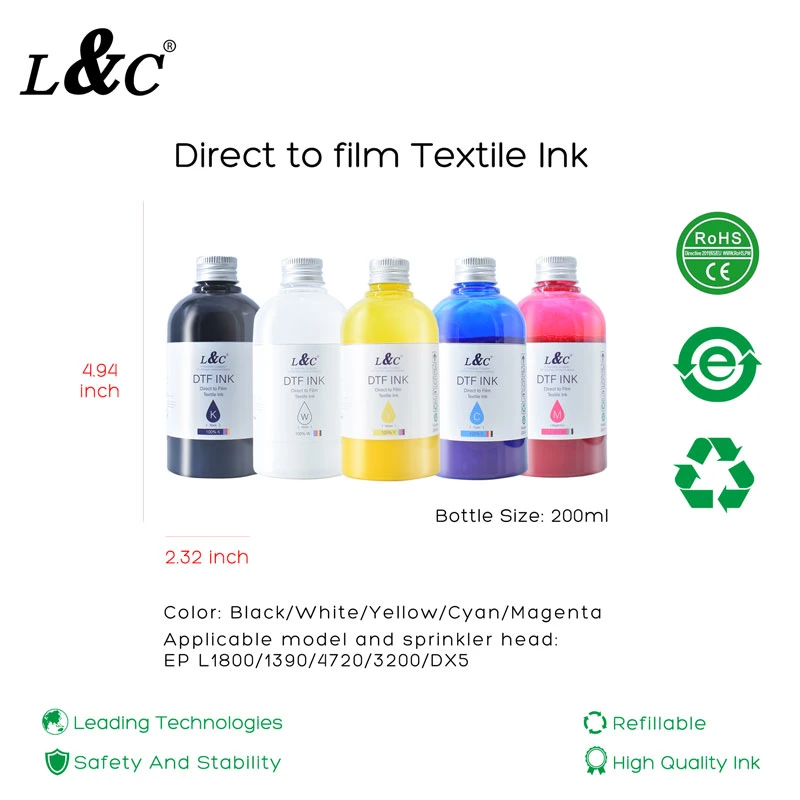 L&C Textile Dtf Printing Ink Dtf Bulk Pigment Ink Dtf White Ink for Epson Printer L1800, L805, 1390, 3200, Dx5, Dx6, R3000