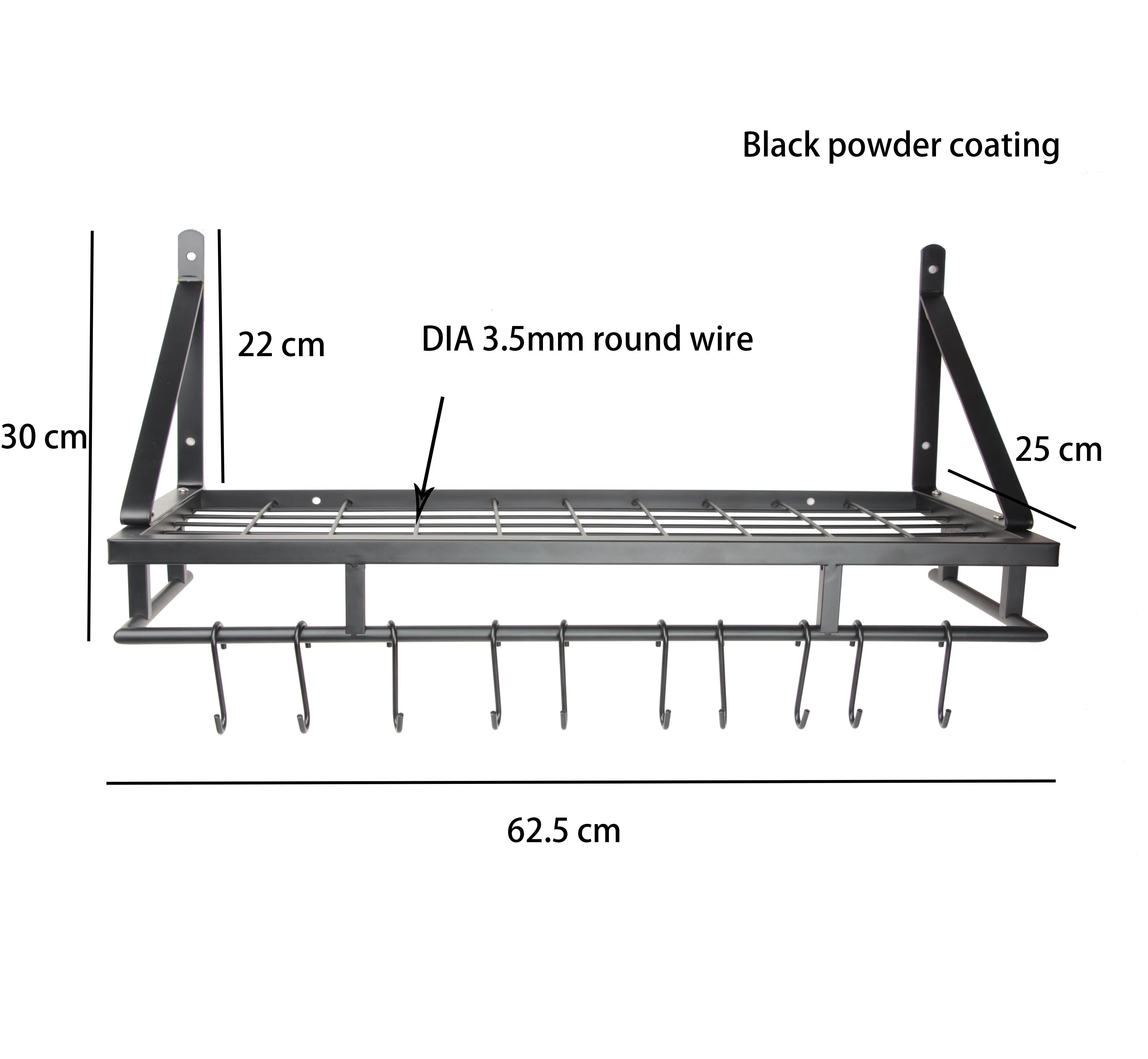 Wall Mount Pot Rack Storage Organizer 2 Tier Hanging Rails with 10 Hooks for Kitchen Cookware Utensils, Floating Shelves for Home Office