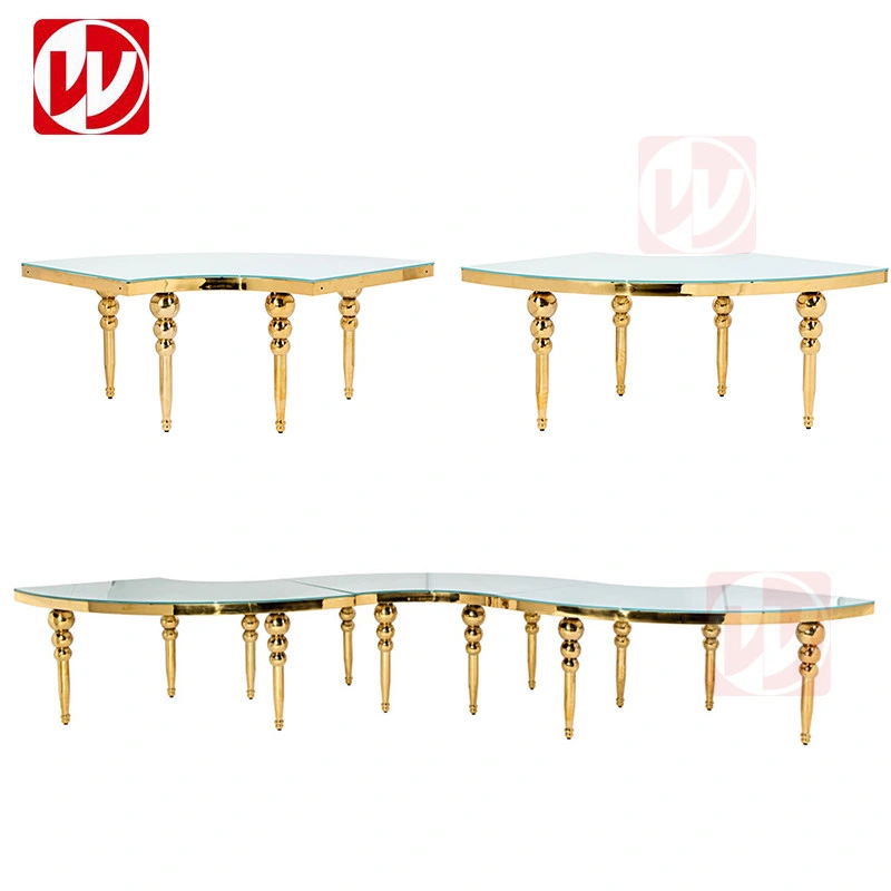 Mesa Redonda de 340 cm Luxury Wedding Serpentine espelho de vidro dourado Mesa de restaurante para banquetes Half-Moon em aço inoxidável brilhante para festas