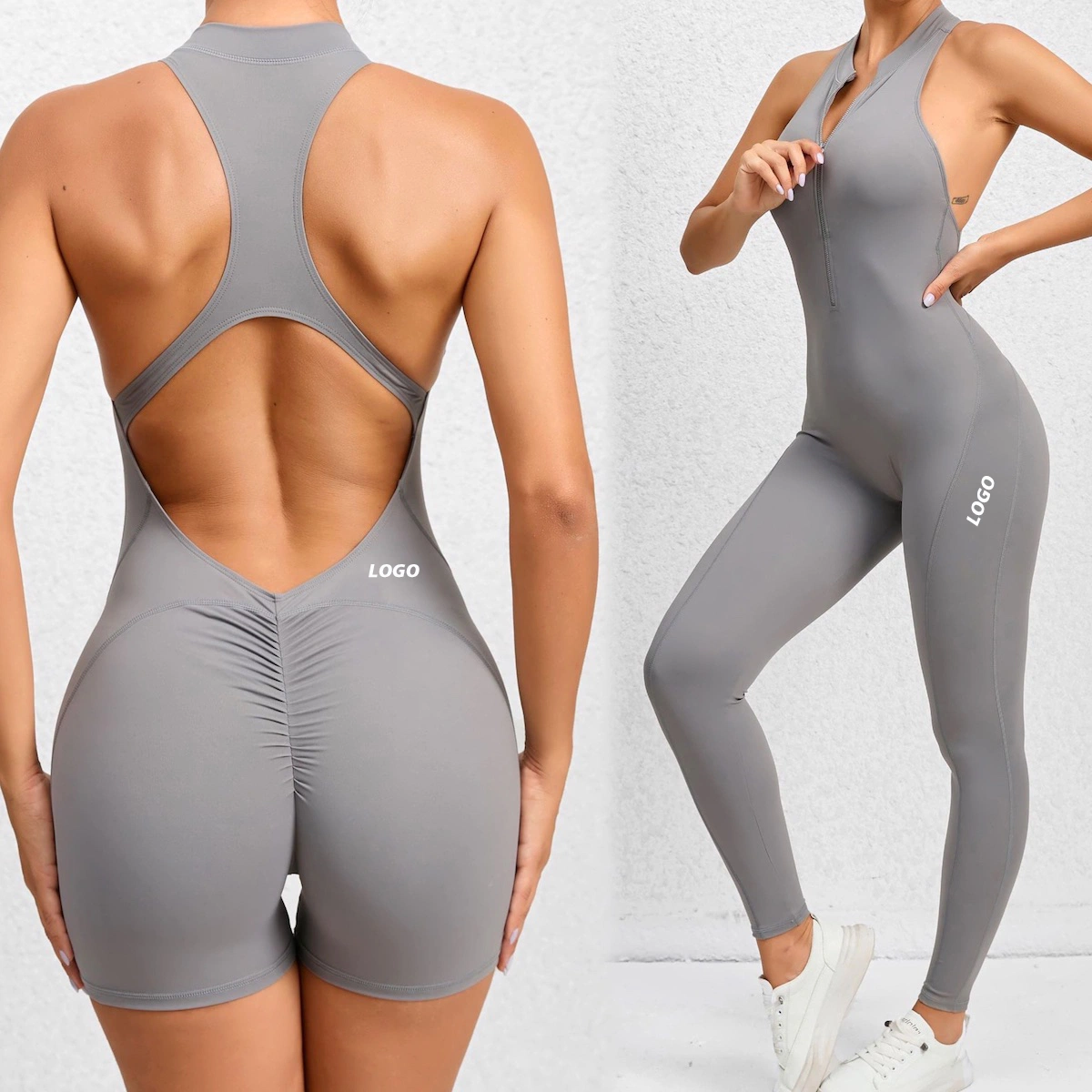 New Trendy Scrunch Booty Zip up Fron Sportswear One-Piece Open Back Workout Jumpsuit for Ladies, Sexy Romper Playsuit Backless Yoga Bodysuit Leotard