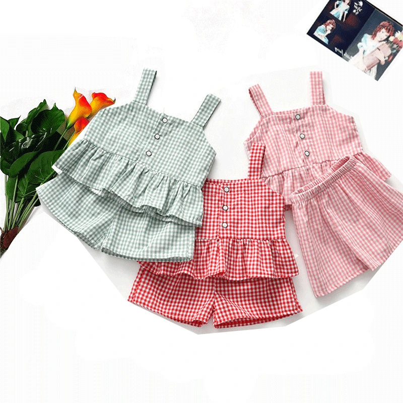 2023 Girls Outfits Baby Clothing Sets Summer Plaid Sling T-Shirt Top Shorts 2PC Princess Suit Kids Clothes