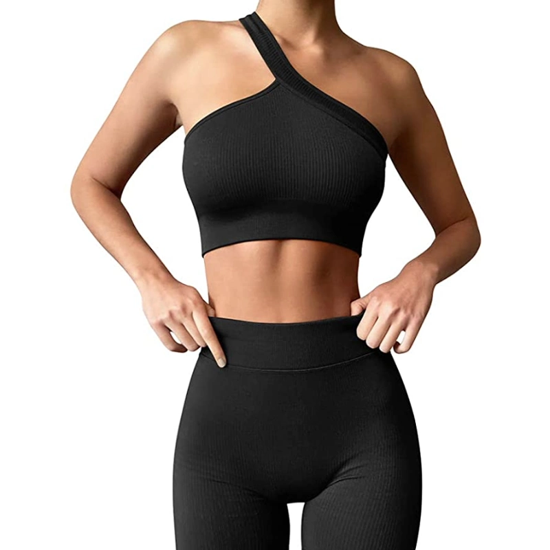 Bespoke Stylish Seamless One Shoulder Streetwear Workout Clothing for Women, White Ribbed Tank Top + High Waist Leggings Two Piece Gym Outfit Yoga Athletic Sets