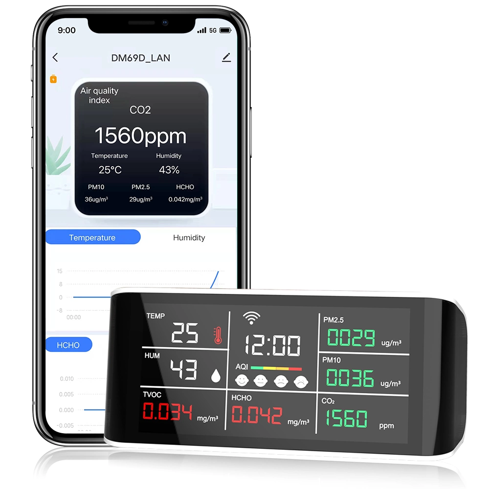 جهاز قياس جودة الهواء LCD كبير مزود باتصال WiFi للهاتف المحمول سجلات المحفوظات