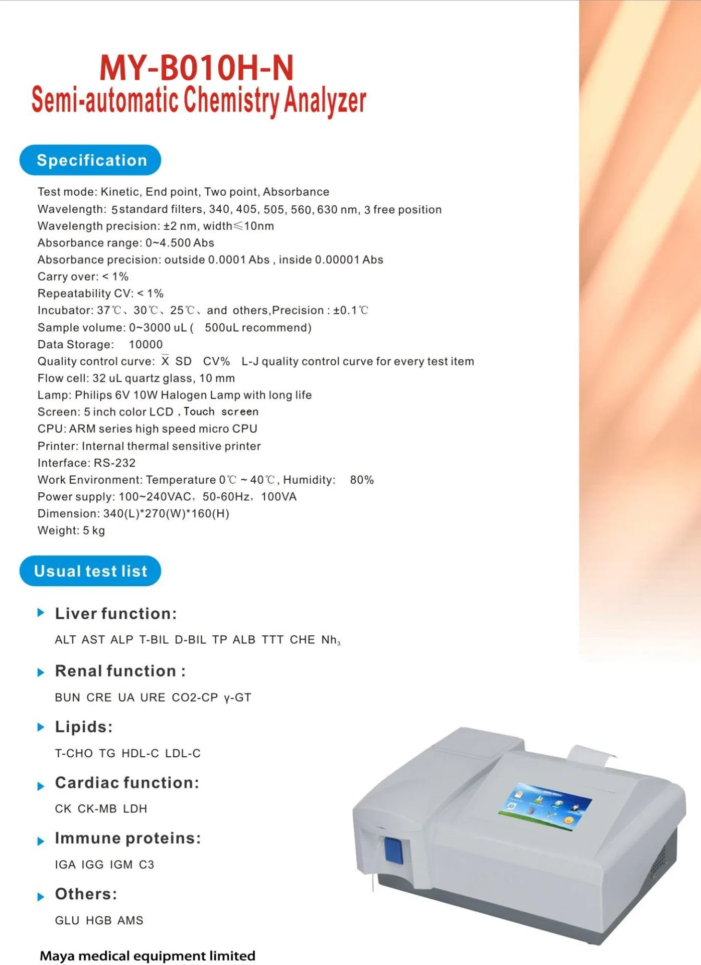 Maya Lab Auto Hämatologie-Analysator Blutgeräte My-B010h-N Semi Auto Biochemie-Analysator