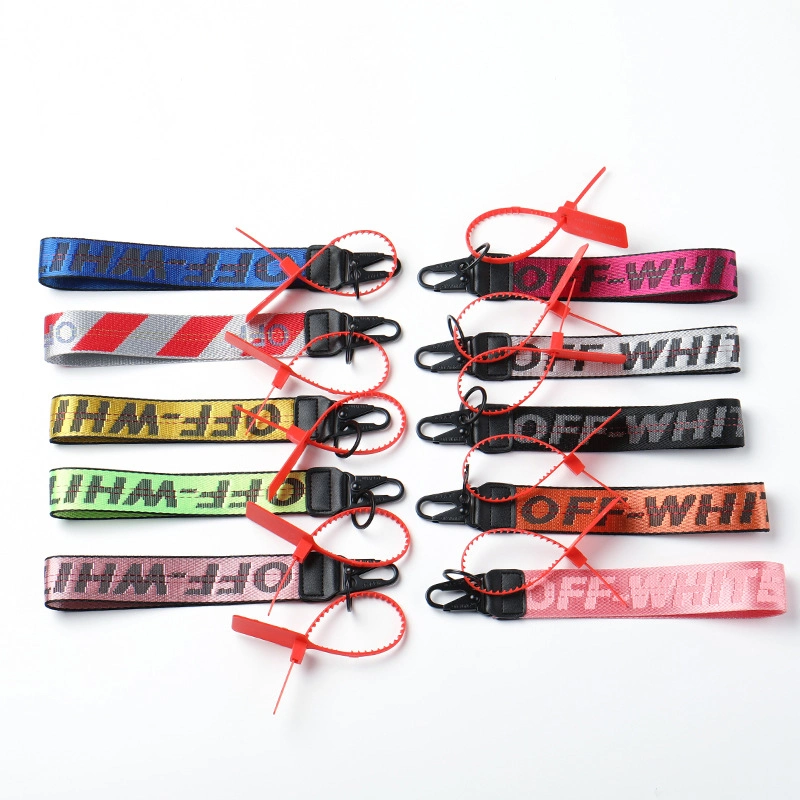 China Souvenir Mini Wholesale/Supplier Jacquard Lanyard Fabric Woven Key Ring Embroidery Tag Fashion Embroidered Patch Fob Logo Design Customized off White Keychain