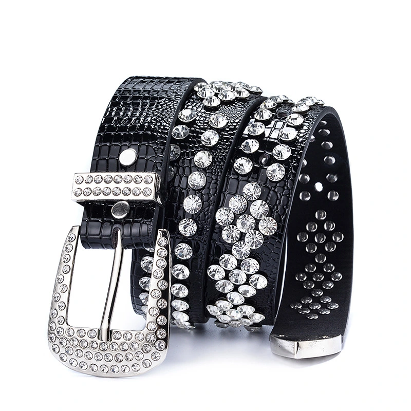 Manufacture Designer Studded Spike Diamond Belt PU Leather Black Belts Punk Cowboy Rhinestone Rivet Belt Men