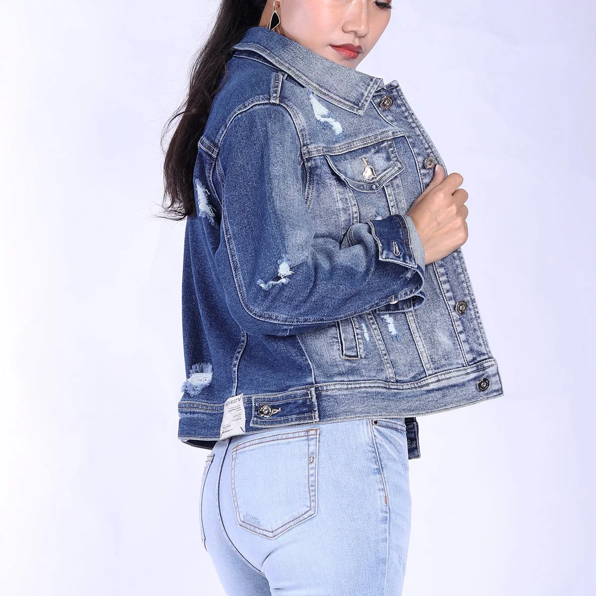 Custom Vintage Blue Ripped Design Plus Size Long Sleeve Women Denim Jackets