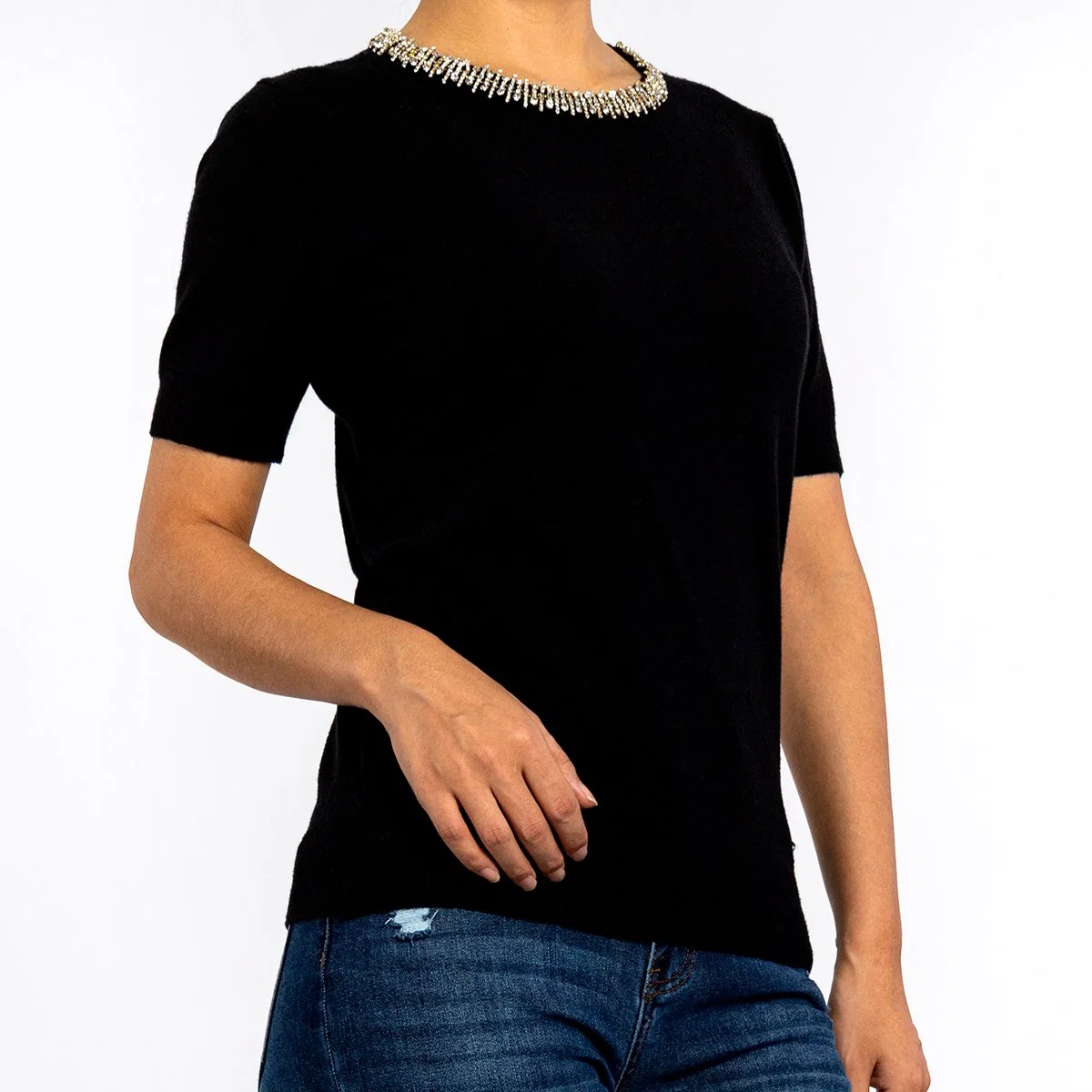 Summer Round Neck Diamond Neckline Short Sleeve Pullover Black Sweaters for Women