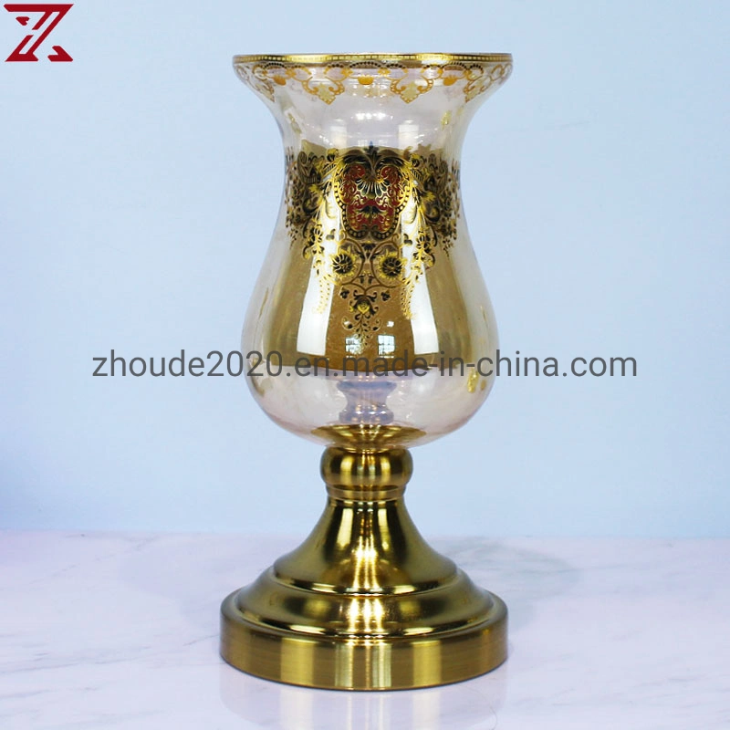 تصميم جديد الزجاج Vase Luxury Metal Stand Gold Print Candle الحاملات Vase للديكور المنزلي