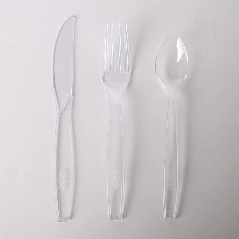 French Disposable Plastic Tableware Transparent Knife Fork Spoon Three-Piece Set PS Material (F-450)