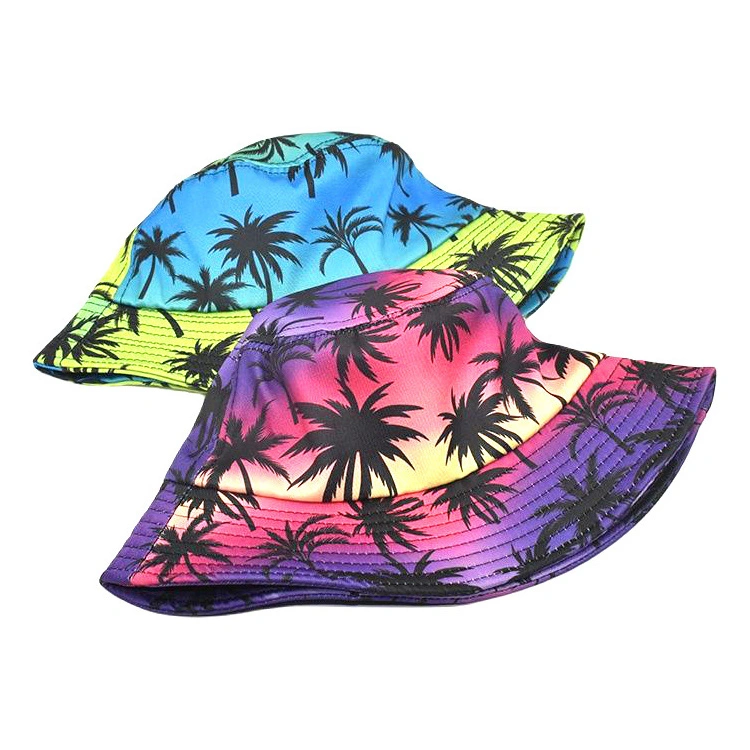 Tropical Hawaii Bucket Hat Summer Sunset Beach Palm Tree Fishman Hat for Outdoor Travel