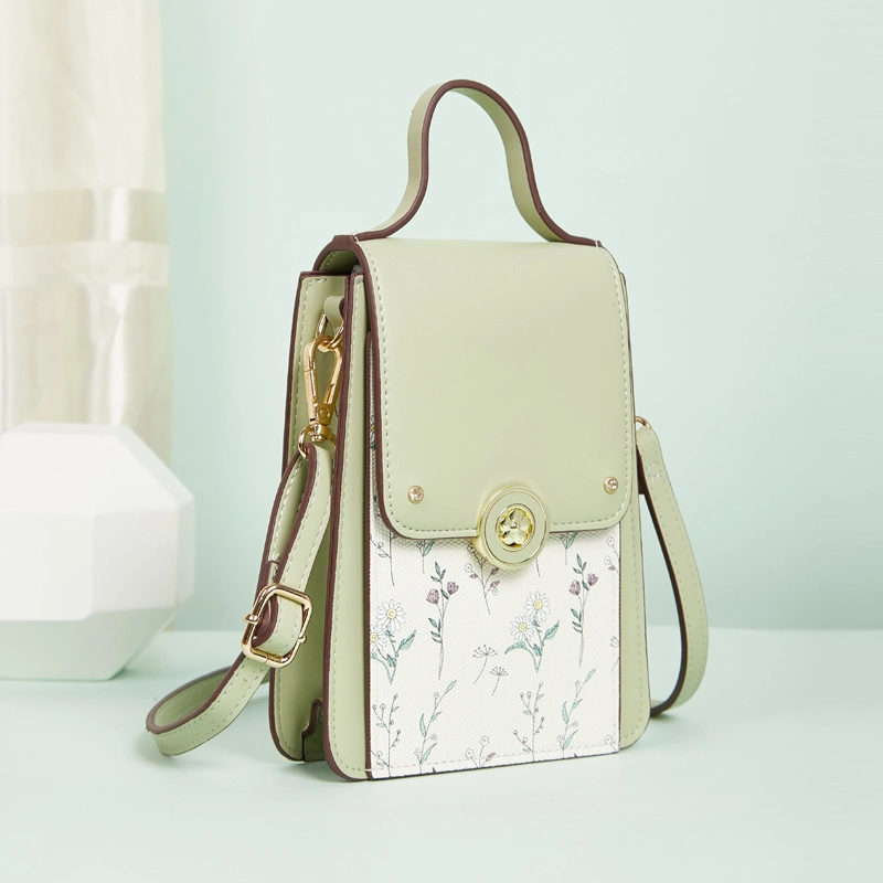 Lingge Color Matching Floral Girl Mini Slung Mobile Phone Bag Vert