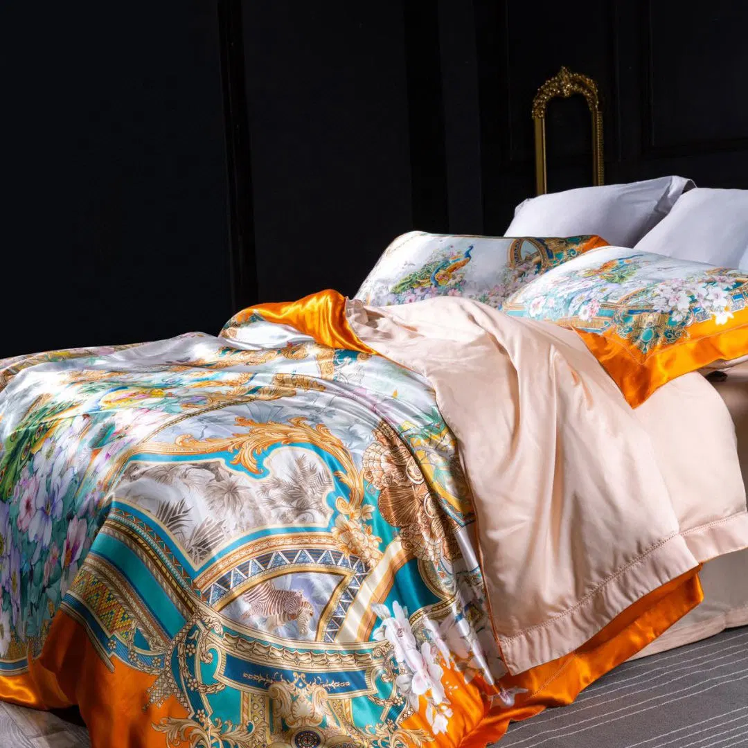 Top Luxury Orange Silk Printing Quilt capa seda Pillowcase King Folhas de tecido de alta qualidade para casa, 4 peças, ODM/OEM, instaladas na cama Conjunto de material de cama impresso Fornecedor