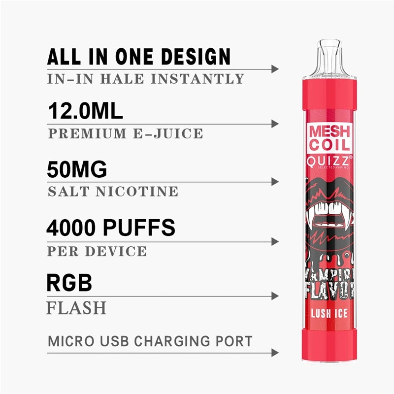 Mesh Coil Quizz RGB Flash Disposable Pod Device 4000 Puffs Rechargeable Mini E-Cigarette with Vape Cartridges