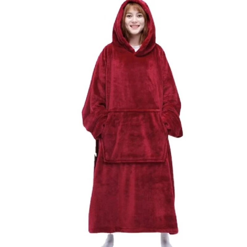 Oversize Flannel Hoodie Blanket Extended Pajamas of Lazy Sleeping Sleeves