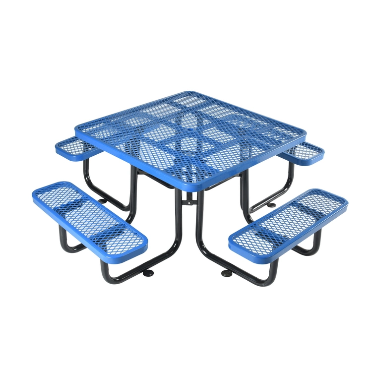 OEM 46" Outdoor Square Table and Chairs Set, Blue Camping Metal Picnic Table, Expanded Metal, with Umbrella Hole