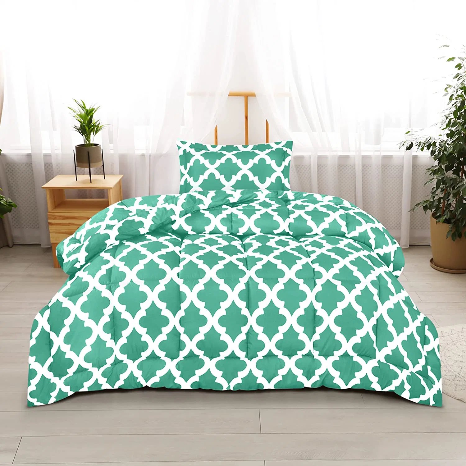 أسرّة الأطفال من نوع Twin لحاف (Quatrefoil Sea Green) مع بيلو شام - مجموعات من مفراش السرير - لأسفل لحاف بديل - ناعم ومريح