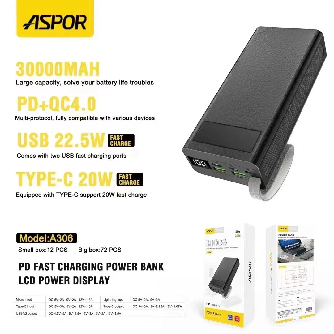 30000mAh Power Bank 22,5W Pd+QC4,0 Tragbares Ladegerät mit Schnellladung, Polymer Akku mit Digital Display