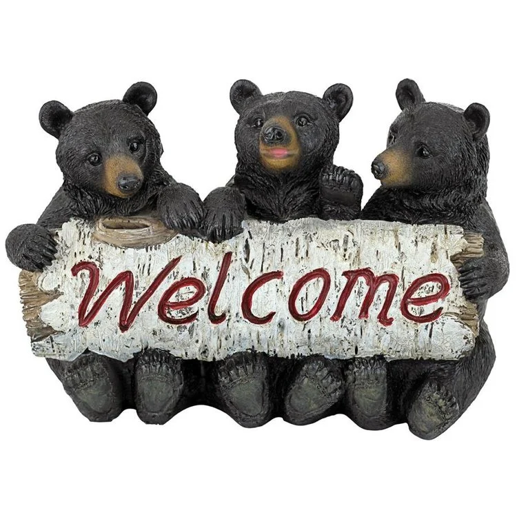 Resin Cute Black Bear Cubs Welcome Sign Statue