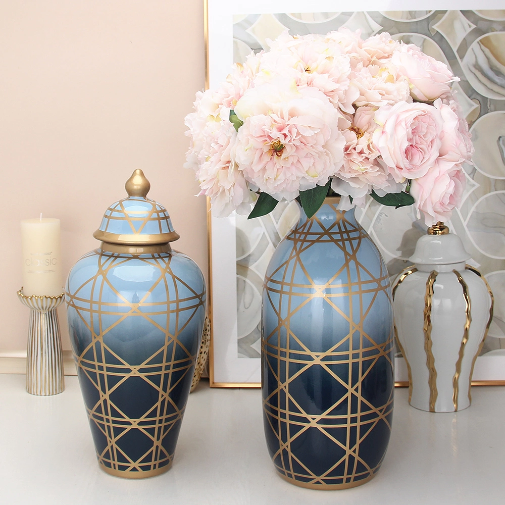 V124 Modern Home Decoration Tabletop Color Gradient Flower Vase Ceramic & Porcelain Blue Vase with Gold Line Design