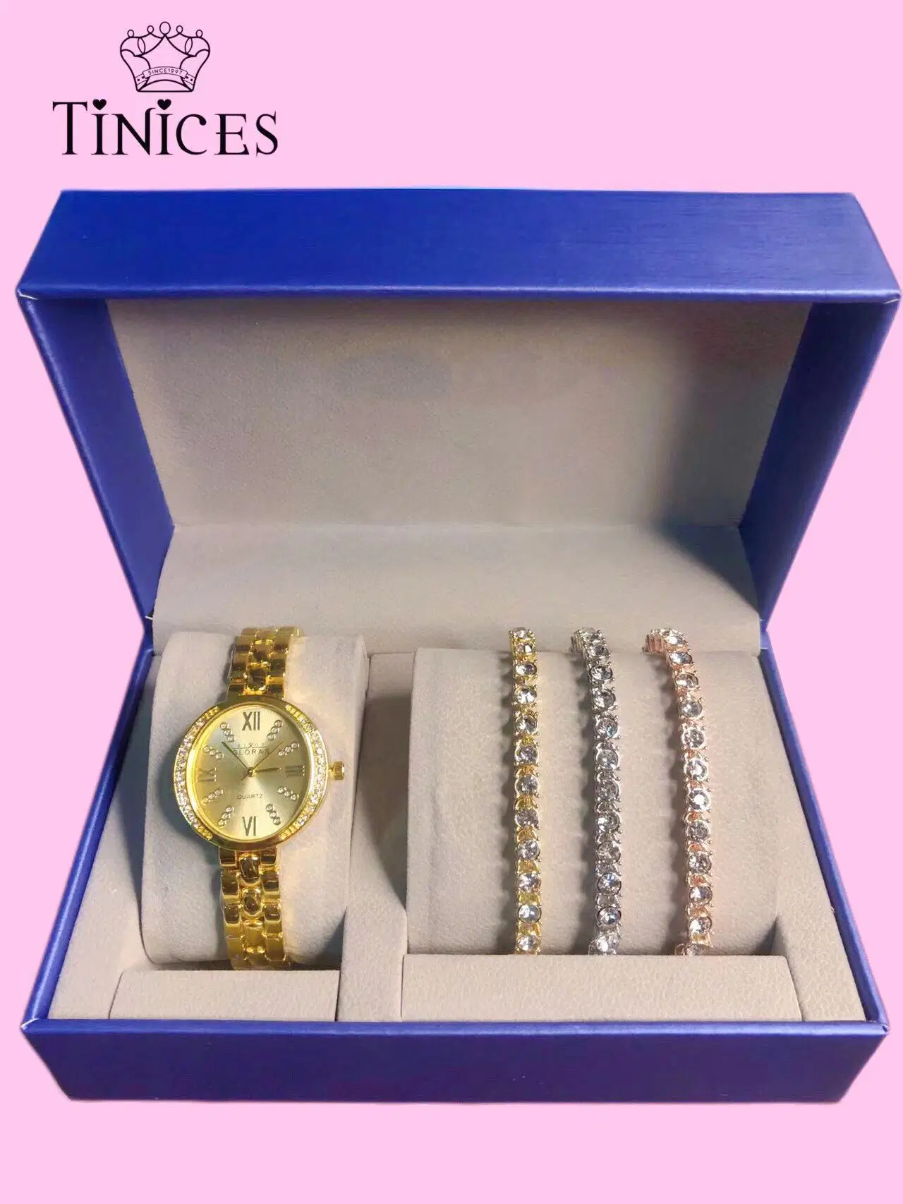 Luxury Diamond Senhoras ver mais 3 Pulseiras Conjunto de Oferta Senhoras assistir mulheres Assista Dom Relógios relógios de luxo jóias Watch Quartz Watch relógio de pulso Conjunto caixa de oferta