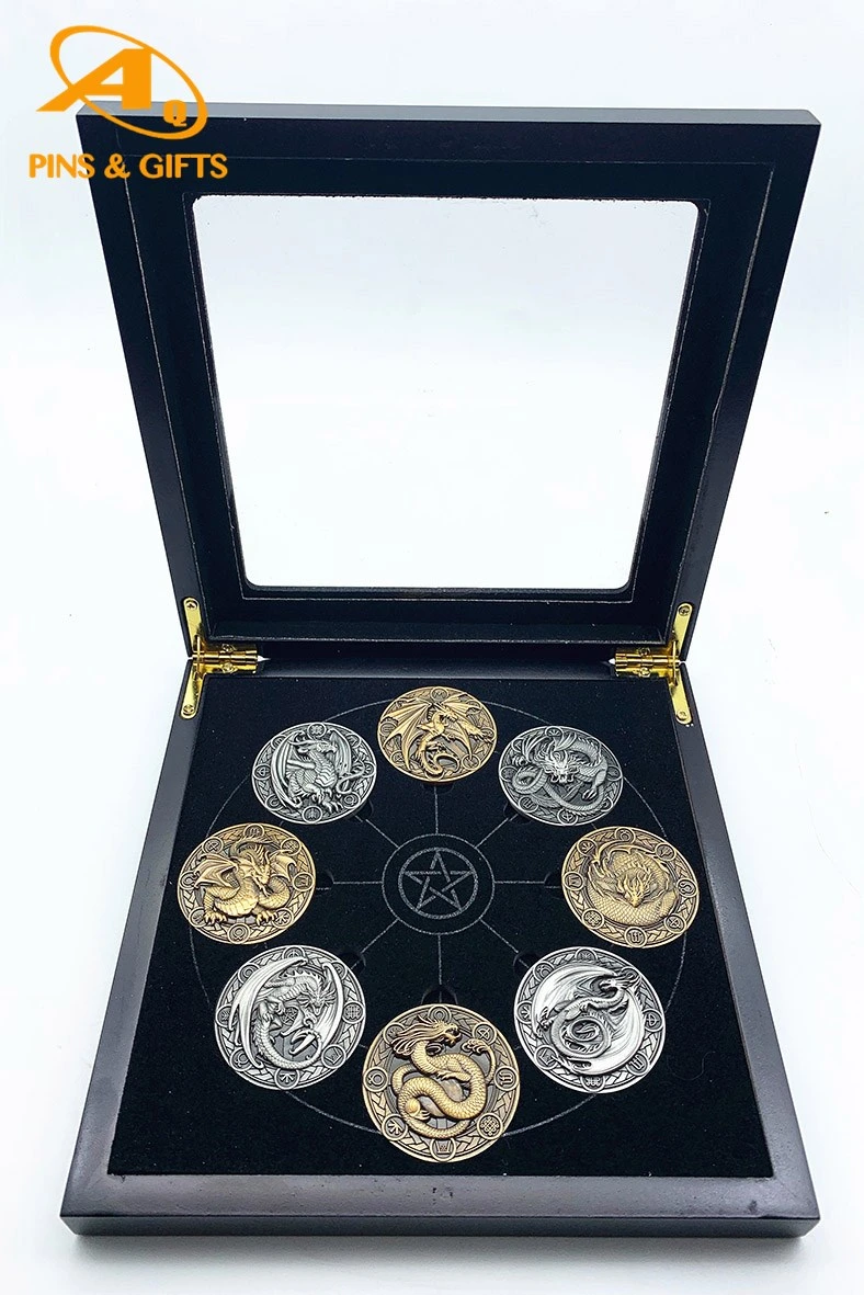 Calientes! China Wholesale personalizada de la fábrica de metal oro y plata Réplica de la protección de la policía souvenirs artesanales reto militar monedas con caja de madera