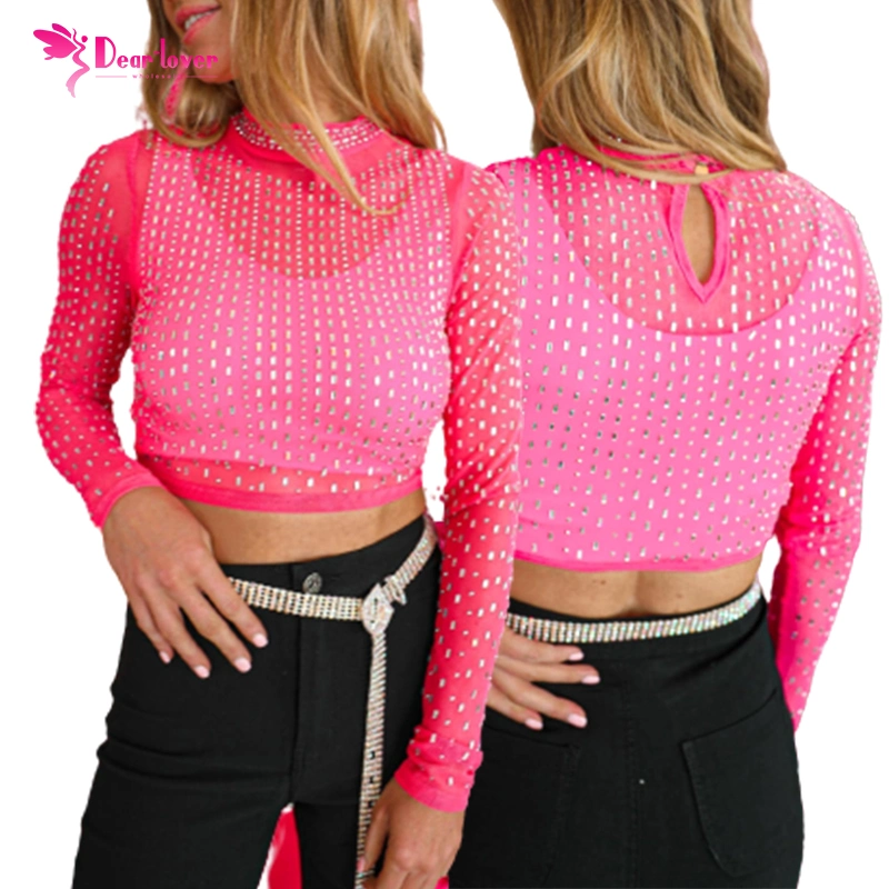 Casual Pink Rhinestones Sheer Polyester Apparel Long Sleeve Crop Top Women Fashion Clothes