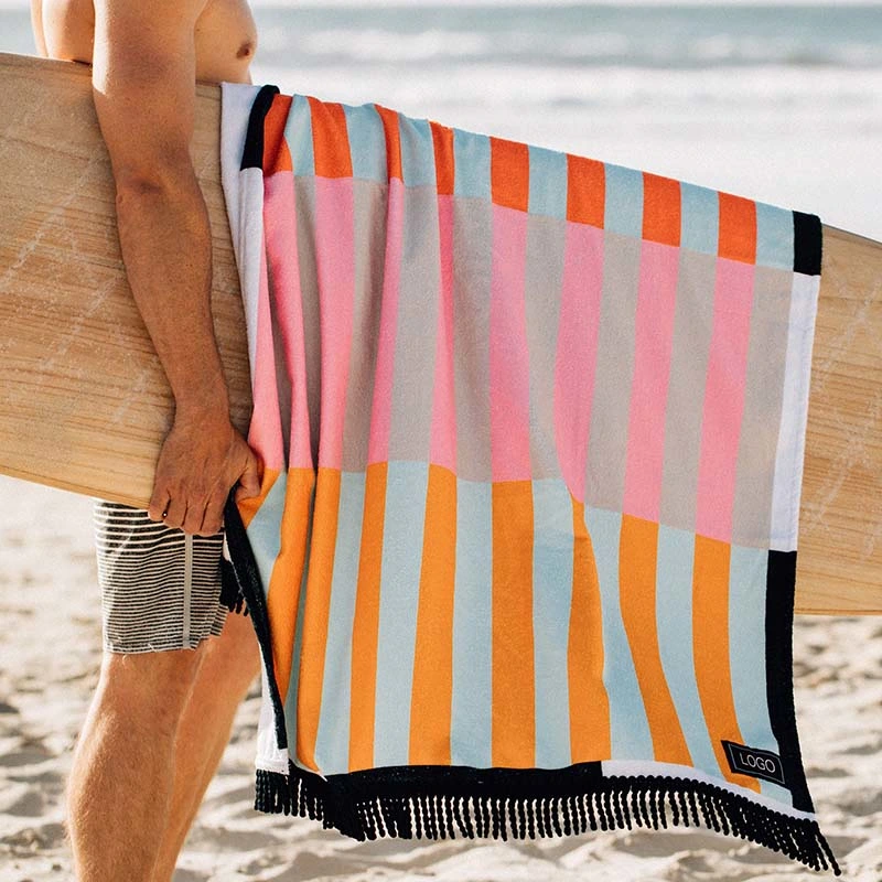 Quick Dry High Absorbent Custom 100% Cotton Velour Printed Beach Towel with Tassel