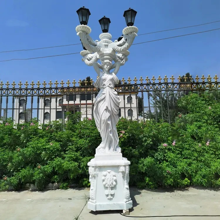 Outdoor Park Street Lamp Decoration Large White Marble Stone Lady Statue with Holding Lamp Sculpture