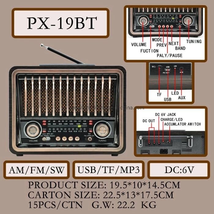 Px-19bt Vintage Portable Radio with LED Light Function Am/FM/Sw 3 Band Radio Bluetooth Speaker Support TF USB Card MP3 Player