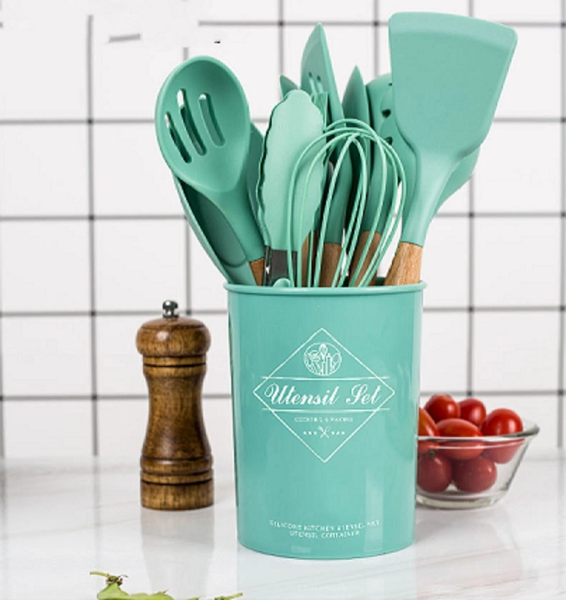 Conjunto de utensílios de espátula de silicone Ultimate com pegas de madeira natural 13 FERRAMENTA DE cozinha PCS para panelas sem vara para cozinhar utensílios Defina Esg16342