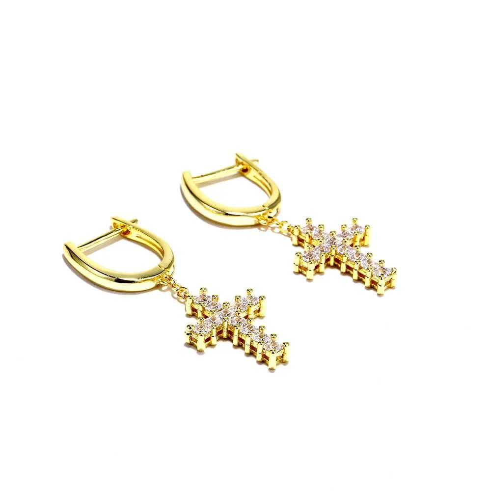 Hip Hop Trumpet Micro-Inset Zircon Drop Cross Earrings