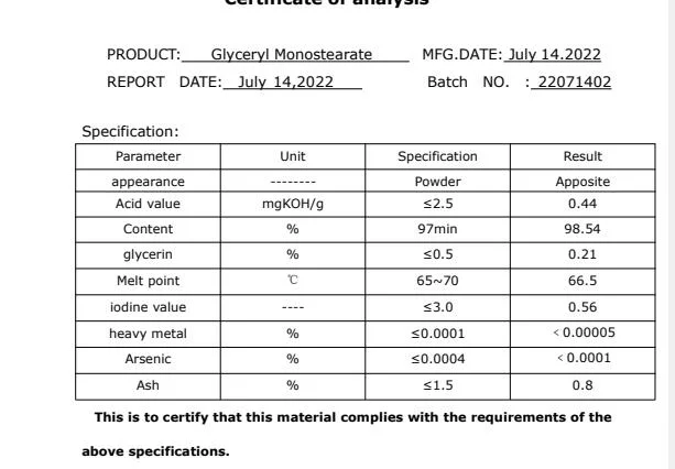 Monoestearato de glicerilo CAS 31566-31-1 utilizado para cosméticos o alimentos