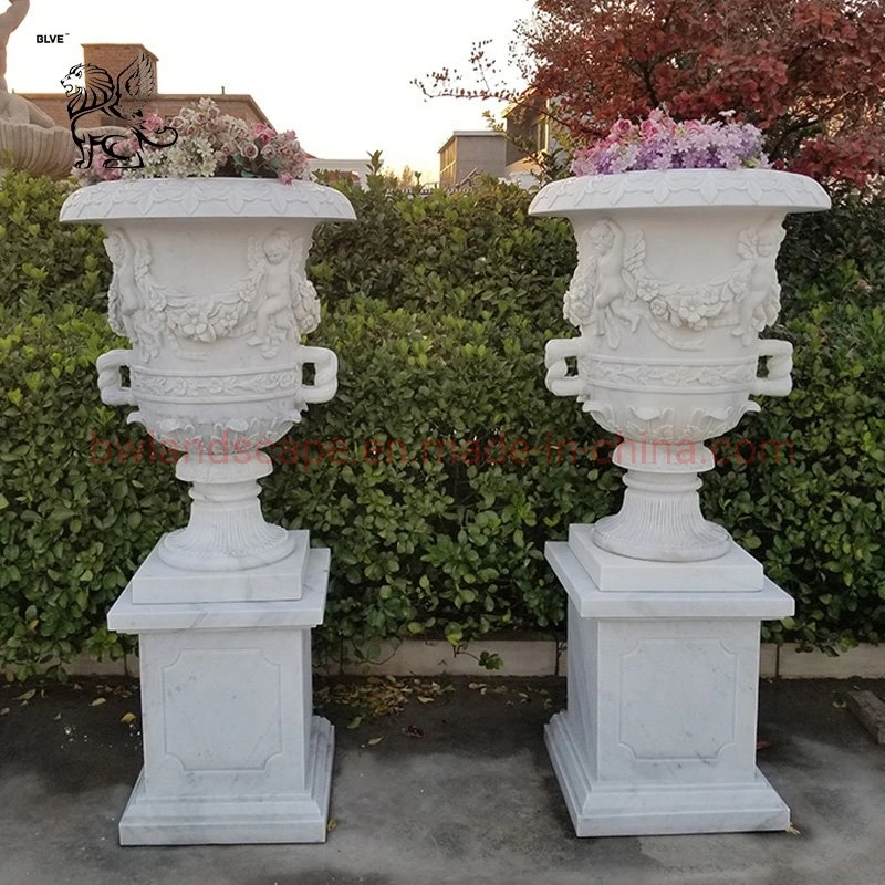 Décoration de jardin Blve pierre sculptés à la main de l'urne de semoir Pots Pots de fleurs d'allégement de marbre blanc