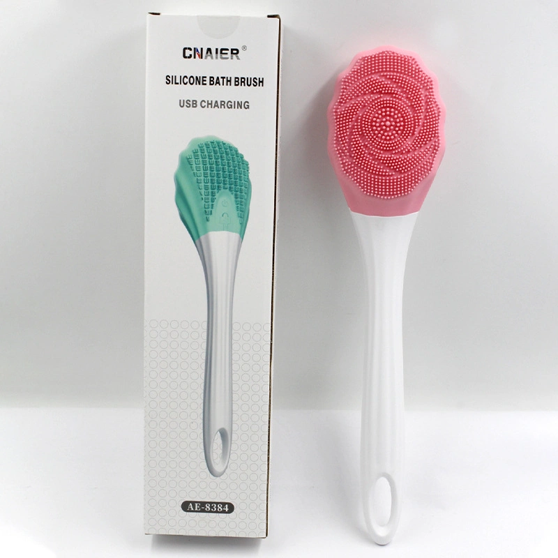 Brosse de douche électrique rechargeable avec manche long, instrument de massage en silicone pour le bain et le gommage du dos.