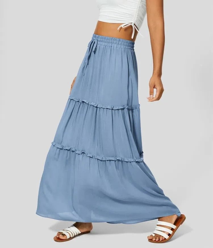 Haut Waisted ceinture élastique cordon Falbala Flowy Maxi jupe occasionnel