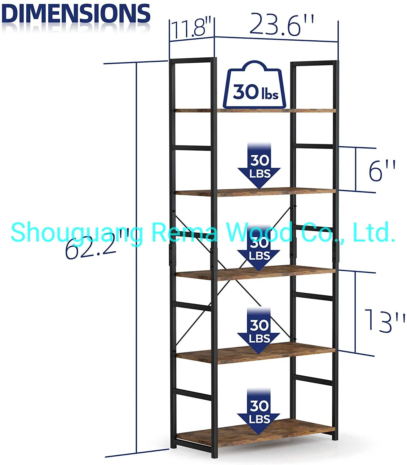 5 Tier Bookshelf Bookcase Shelf Storage for Bedroom Living Room Home Office