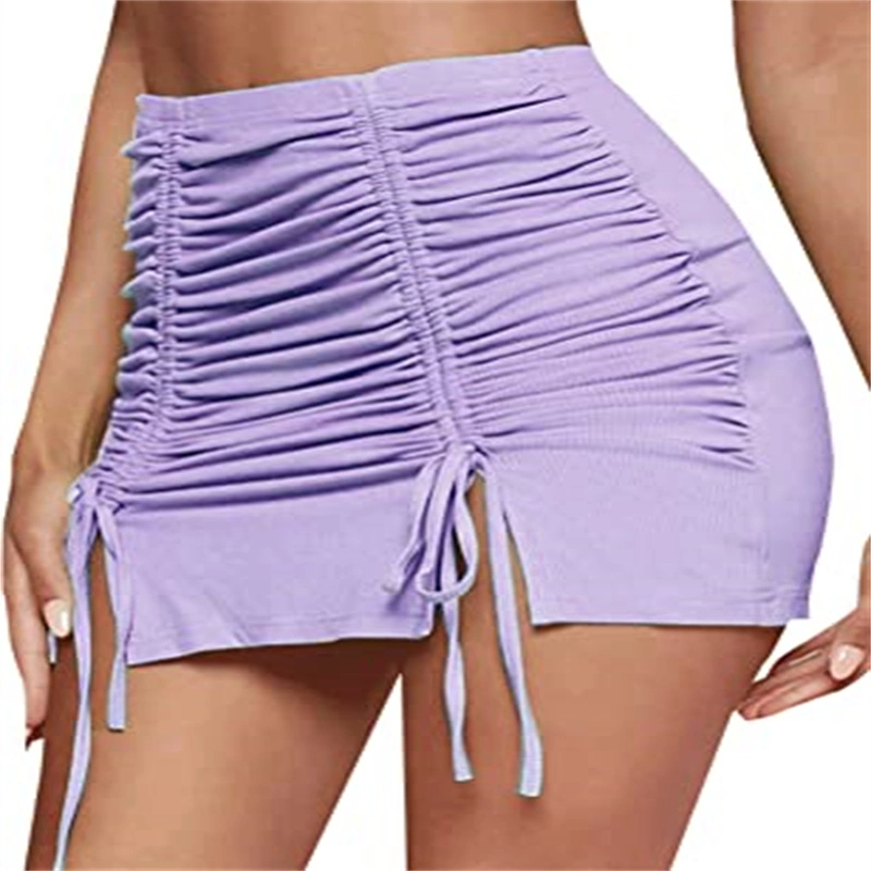 Women Casual Drawstring Ruched Split Hem Ribbed Mini Short Skirt