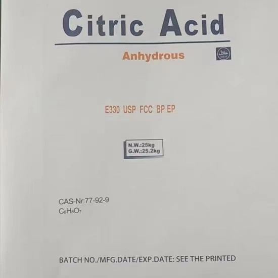 Grau alimentício e Kosher Halal Certified 25kg Bandeira de sacos de papel fino de malha 30-100da marca em pó ácido cítrico anidro Cristais