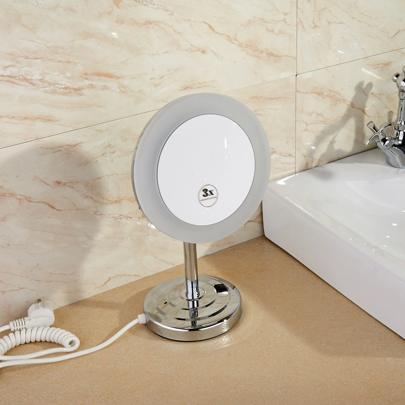 Maquilhagem com suporte LED 3X em estilo cromado de bacia do banheiro, ampliador de 8 polegadas Espelho