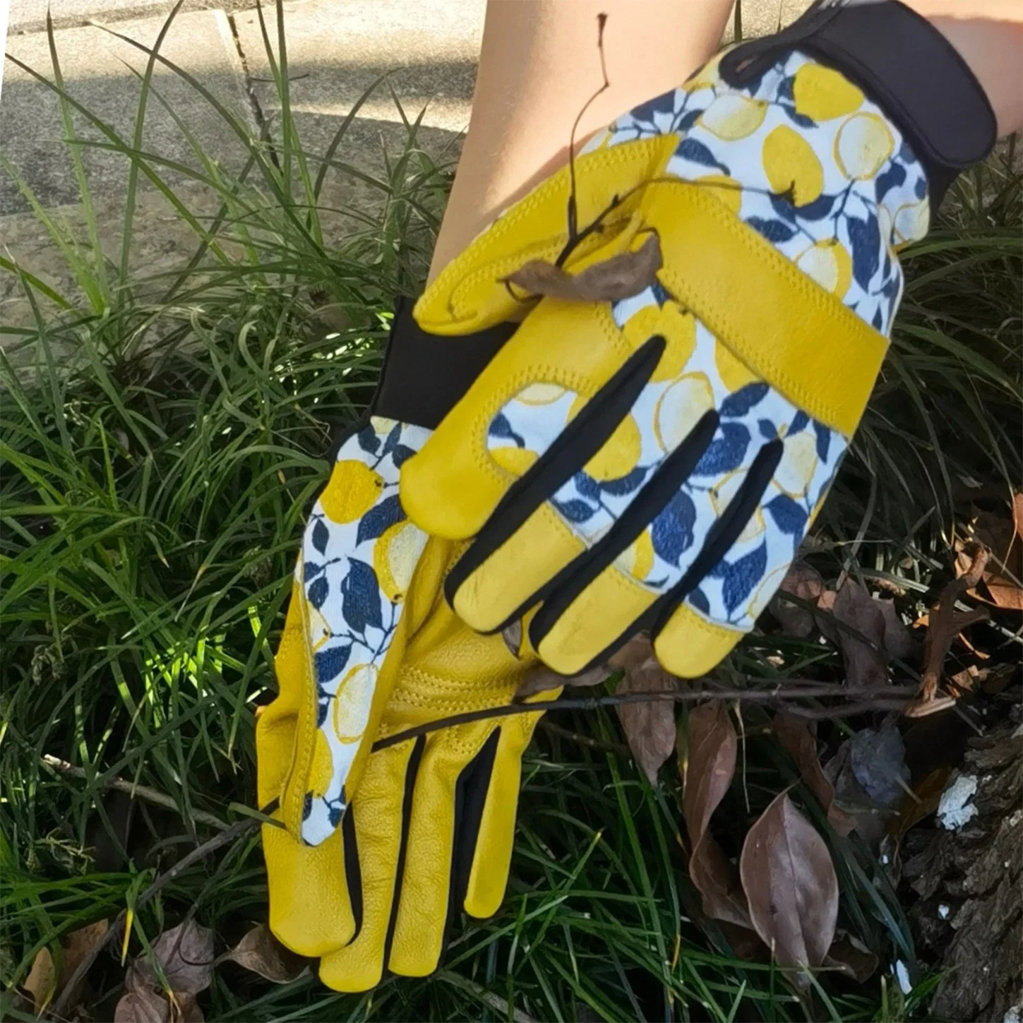 OEM Yellow Gardening Cowhide Leather Work Hand Protector Gloves Logo Printing for Construction Workers