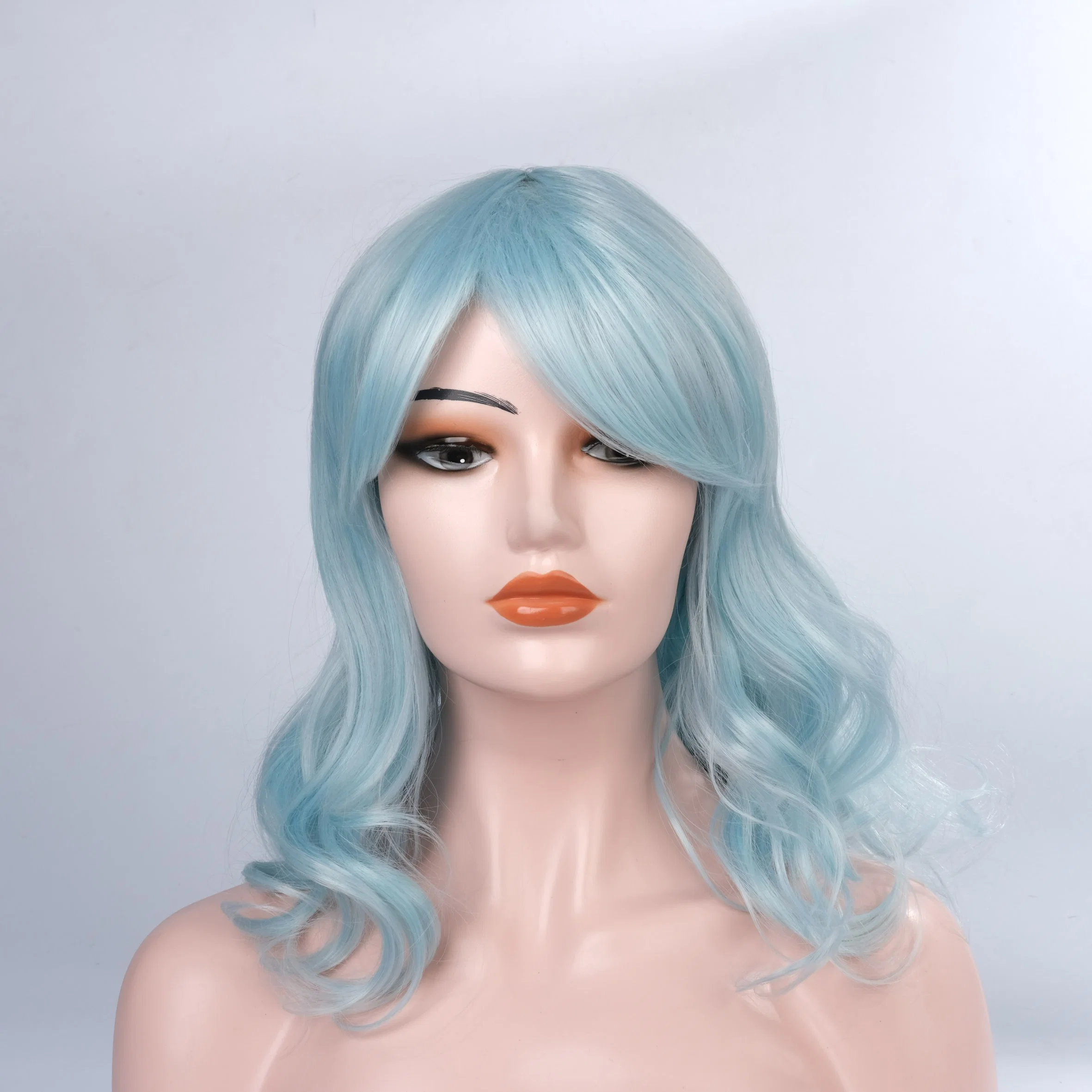 Popular Animation Long Curly Oblique Bangs Light Blue Hair Synthetic Wig
