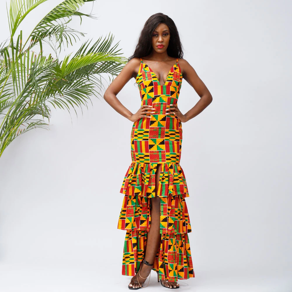 2021 African Fabric Wax Printing Frauen Maxi Sexy Kleid Party Verschleiß