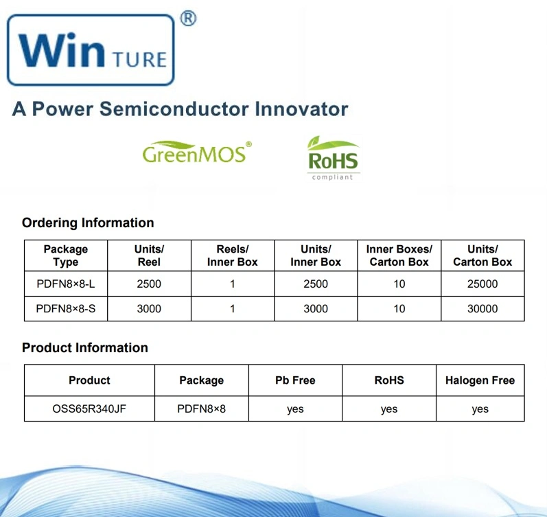 Telecom Power RoHS High Frequency Operations Super Sic Oss65r340jf Pdfn8 X 8 Mosfet