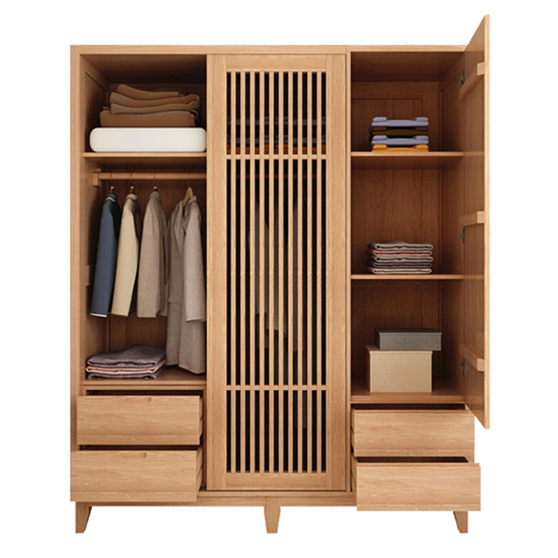 Nordic Japanese Style Solid Wood Wardrobe Simple Bedroom Furniture White Oak Sliding Door Wardrobe Storage Cabinet Custom 0038