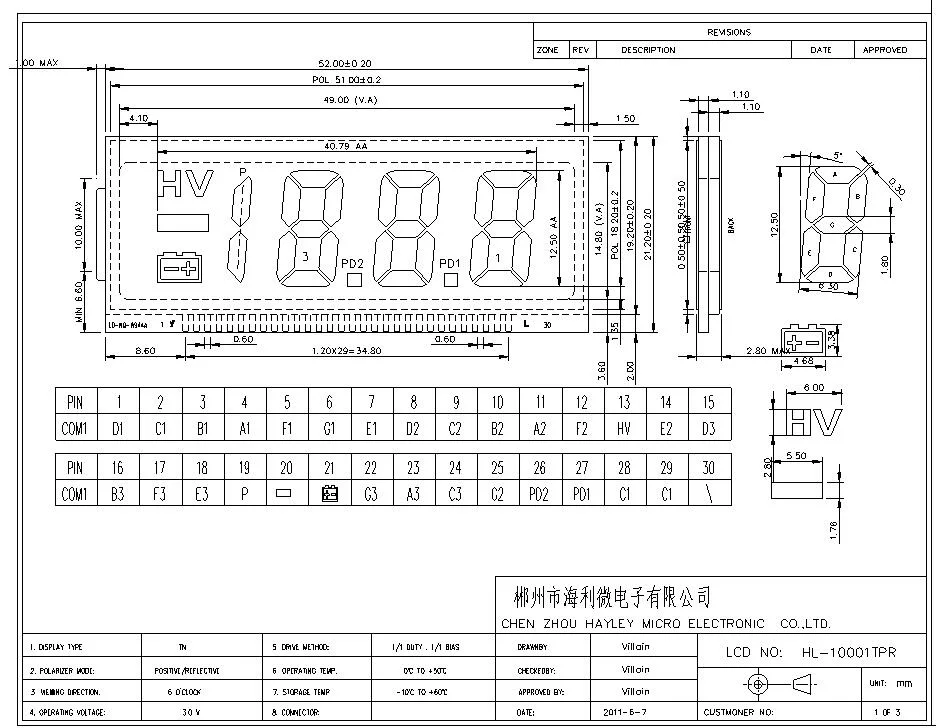 Positive Reflective 6 O&prime; Clock Tn Segment LCD for Electronic Product Display LCD