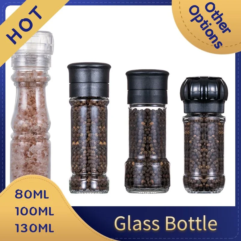 Kitchen 90ml 100ml Spice Packing Glass Container Plastic Cap Spice Mill Bottle Salt Pepper Grinder