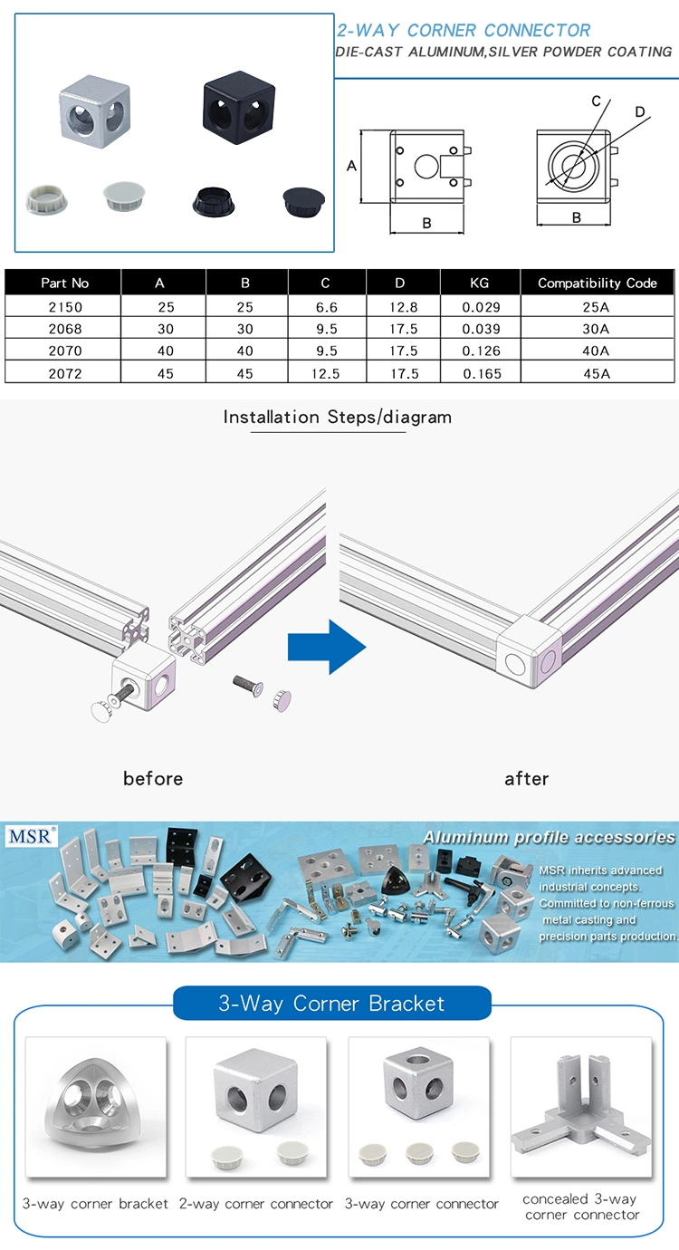 Wholesale/Suppliers Casting Aluminium Two Way Bracket 40A 2 Way Hardware for 40 Series Slot 8 Aluminium Extrusion 25 30 40 45 in Black and Silver Powder Coating