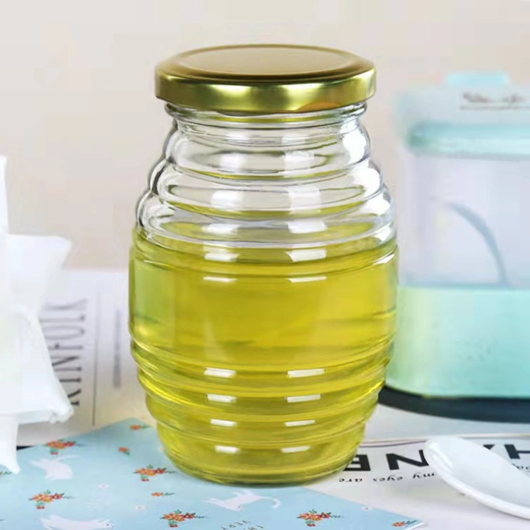 Unique Glass Storage Bottle with Thread Pattern Round 70ml 180ml 380ml 730ml Transparent Honey Jar